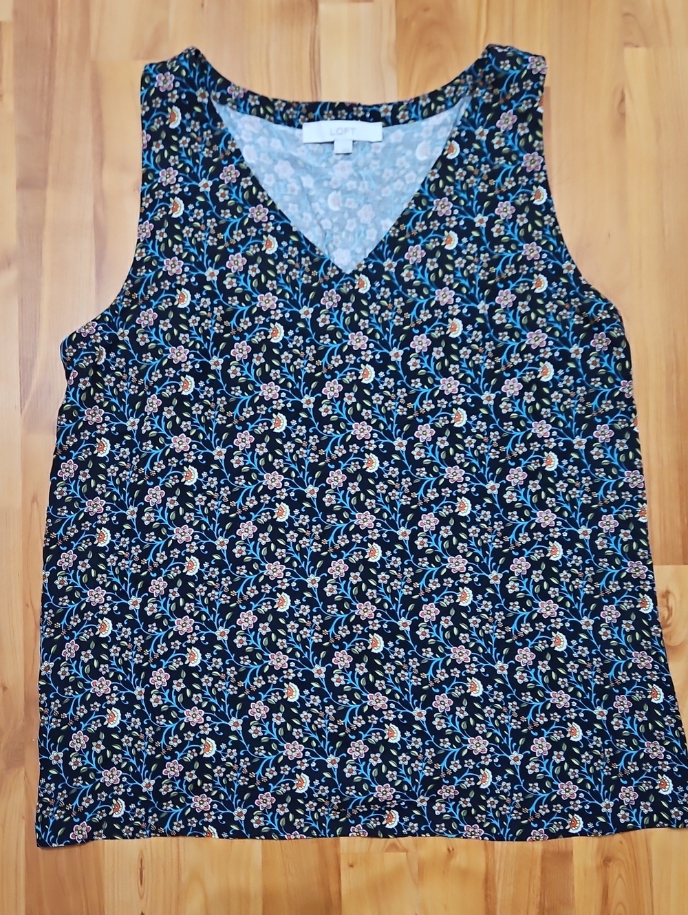 LOFT Navy Mixed Media Floral V-Neck Sleeveless Tank